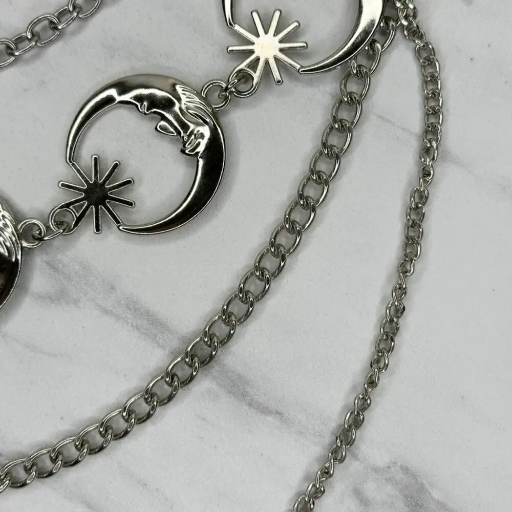 Draped Moon Star Silver Tone Chain Link Belt One Size (OS) ✨